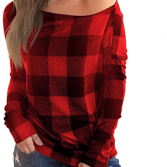 Boutique Tops - Women's Off Shoulder Top Long Sleeve Plaid